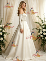 Ivory Satin Long Sleeve Beading Wedding Dress