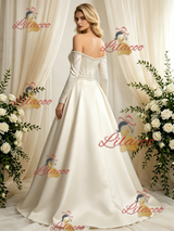 Ivory Satin Long Sleeve Beading Wedding Dress