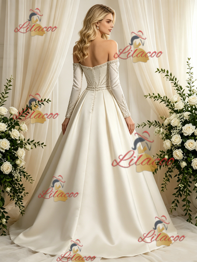 Ivory Satin Long Sleeve Beading Wedding Dress