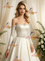Ivory Satin Long Sleeve Beading Wedding Dress