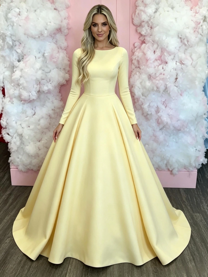 Yellow Long Sleeve Scoop Neck Prom Dress
