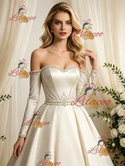 Ivory Satin Long Sleeve Beading Wedding Dress