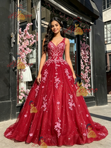 Red V-neck Tulle Appliques Quinceanera Dress