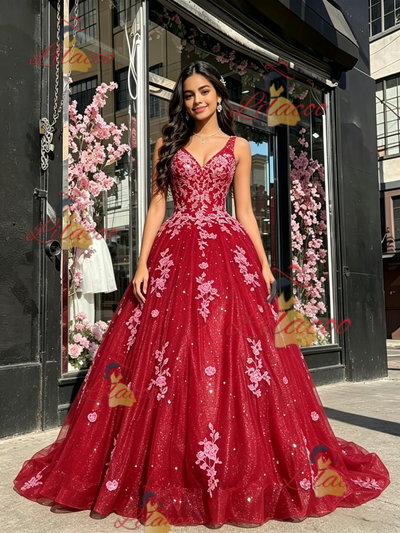 Red V-neck Tulle Appliques Quinceanera Dress