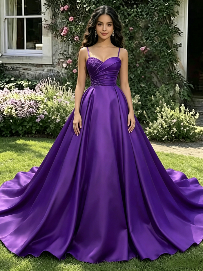 Purple Satin Spaghetti Straps Pleats Quinceanera Dress