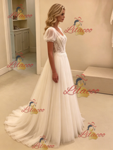 White Tulle Puff Sleeve Appliques Wedding Dress