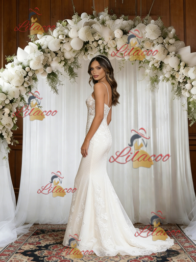 White Mermaid Lace Spaghetti Straps Wedding Dress