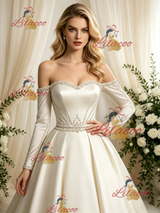 Ivory Satin Long Sleeve Beading Wedding Dress
