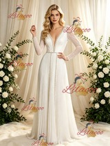 Long Sleeve V-neck Pleats Beading Wedding Dress
