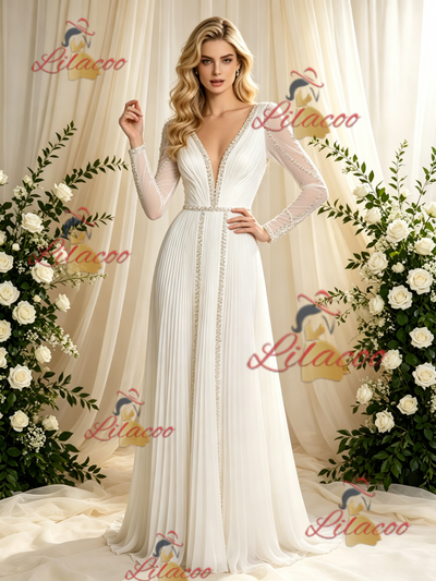 Long Sleeve V-neck Pleats Beading Wedding Dress