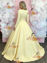 Yellow Long Sleeve Scoop Neck Prom Dress