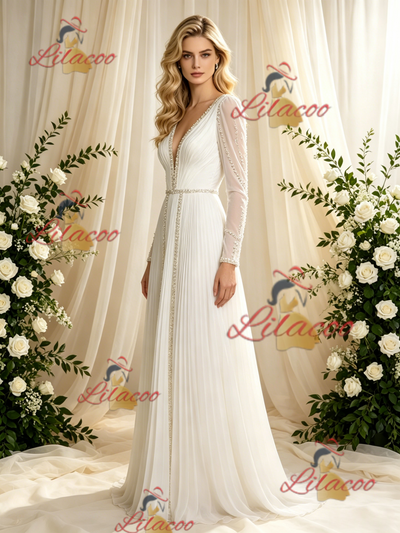 Long Sleeve V-neck Pleats Beading Wedding Dress