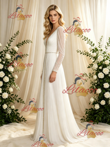 Long Sleeve V-neck Pleats Beading Wedding Dress