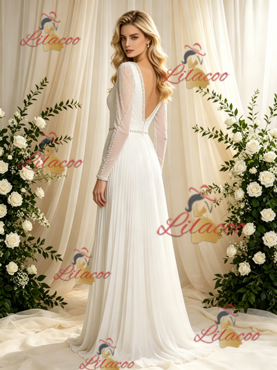 Long Sleeve V-neck Pleats Beading Wedding Dress