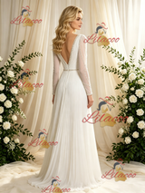 Long Sleeve V-neck Pleats Beading Wedding Dress