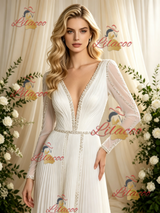 Long Sleeve V-neck Pleats Beading Wedding Dress