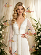 Long Sleeve V-neck Pleats Beading Wedding Dress