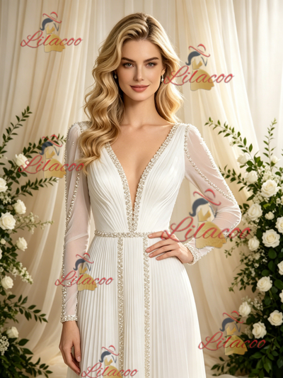Long Sleeve V-neck Pleats Beading Wedding Dress