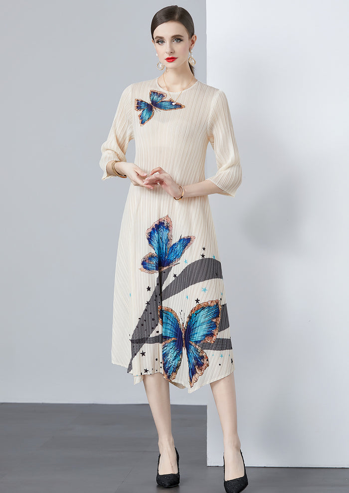 Loose and Slim Printed Pleated Round Neck Dress
