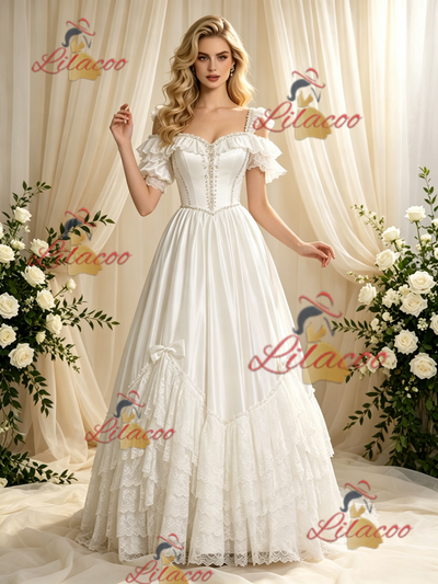 Beige White Tulle Straps Puff Sleeve Wedding Dress