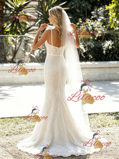 White Mermaid Lace Straps Wedding Dress