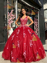 Red V-neck Tulle Appliques Quinceanera Dress