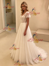 White Tulle Puff Sleeve Appliques Wedding Dress