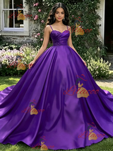 Purple Satin Spaghetti Straps Pleats Quinceanera Dress