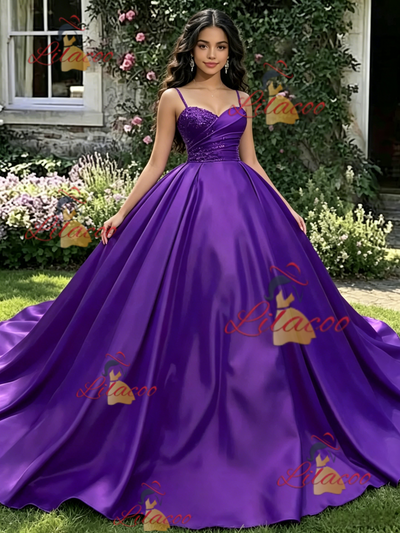 Purple Satin Spaghetti Straps Pleats Quinceanera Dress