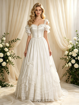 Beige White Tulle Straps Puff Sleeve Wedding Dress