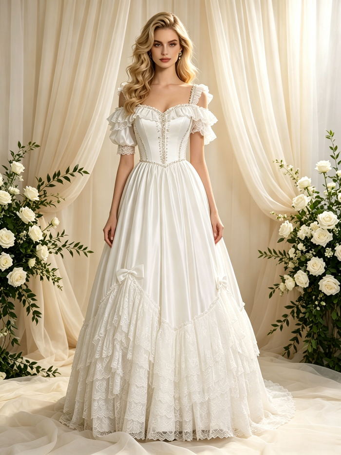 Beige White Tulle Straps Puff Sleeve Wedding Dress