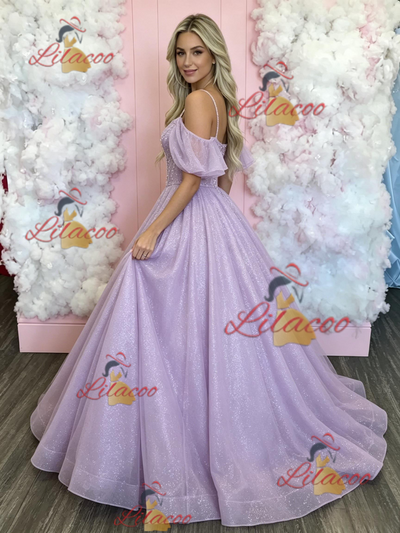 Purple Sequins Straps Prom Dress