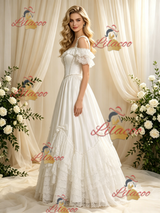Beige White Tulle Straps Puff Sleeve Wedding Dress
