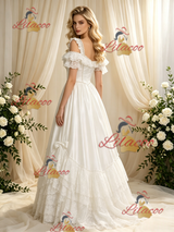 Beige White Tulle Straps Puff Sleeve Wedding Dress