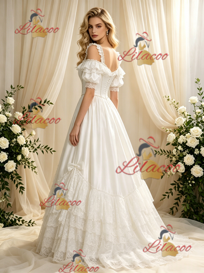 Beige White Tulle Straps Puff Sleeve Wedding Dress