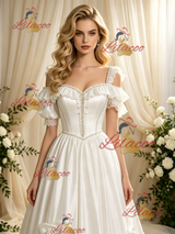 Beige White Tulle Straps Puff Sleeve Wedding Dress