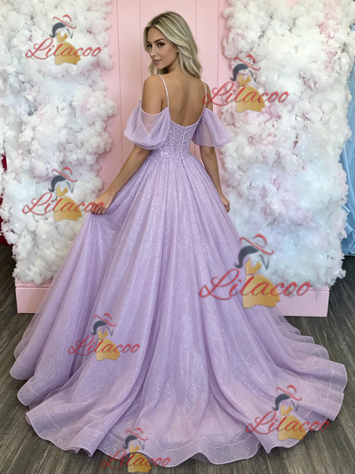 Purple Sequins Straps Prom Dress