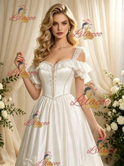 Beige White Tulle Straps Puff Sleeve Wedding Dress