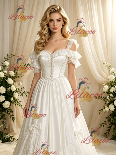 Beige White Tulle Straps Puff Sleeve Wedding Dress