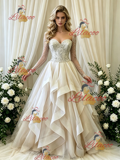 Ivory Tulle Long Sleeve Beading Wedding Dress