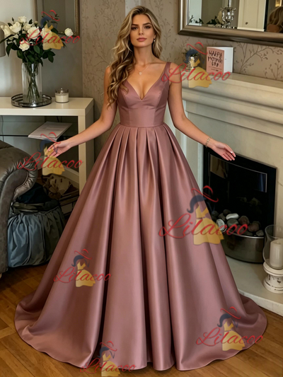 Satin V-neck Pleats Prom Dress