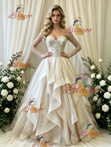 Ivory Tulle Long Sleeve Beading Wedding Dress