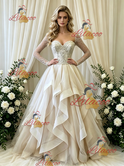 Ivory Tulle Long Sleeve Beading Wedding Dress