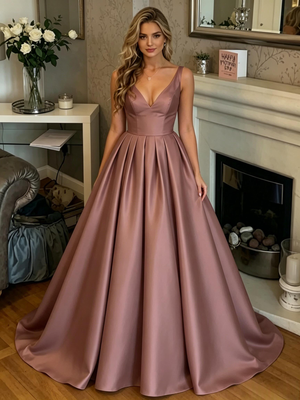 Satin V-neck Pleats Prom Dress