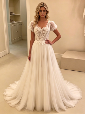 White Tulle Puff Sleeve Appliques Wedding Dress