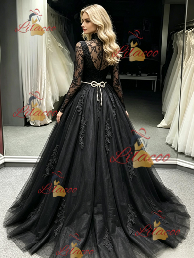 Black Tulle Long Sleeve Appliques Prom Dress