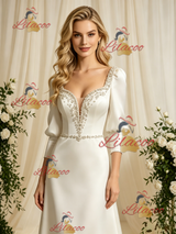 Ivory Satin Long Sleeve Beading Wedding Dress