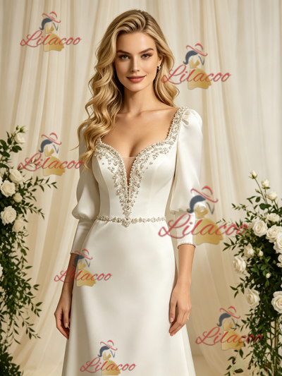 Ivory Satin Long Sleeve Beading Wedding Dress