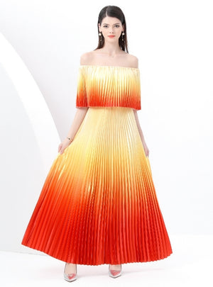 Gradient Pleats Off the Shoulder Long Dress