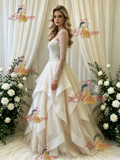 Ivory Tulle Long Sleeve Beading Wedding Dress